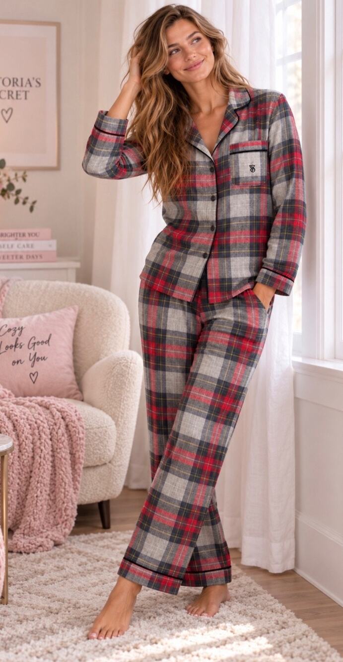 Victoria’s Secret Pajama 2 Pc Gray Red Plaid Cozy Warm Holiday Sleepwear XL
